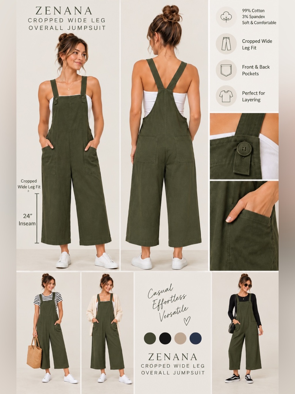 Zenana Outfitters Olive Green Wide-Leg Overall Jumpsuit